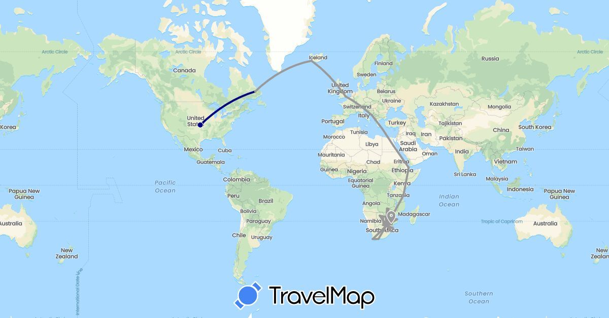 TravelMap itinerary: driving, plane in Botswana, Canada, Djibouti, Egypt, United Kingdom, Croatia, Iceland, Mozambique, Tanzania, United States, South Africa, Zambia, Zimbabwe (Africa, Europe, North America)